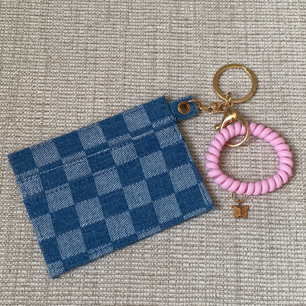 Blue Check Denim Wristlet Card Holder with Pink Beaded Keyring NWOT